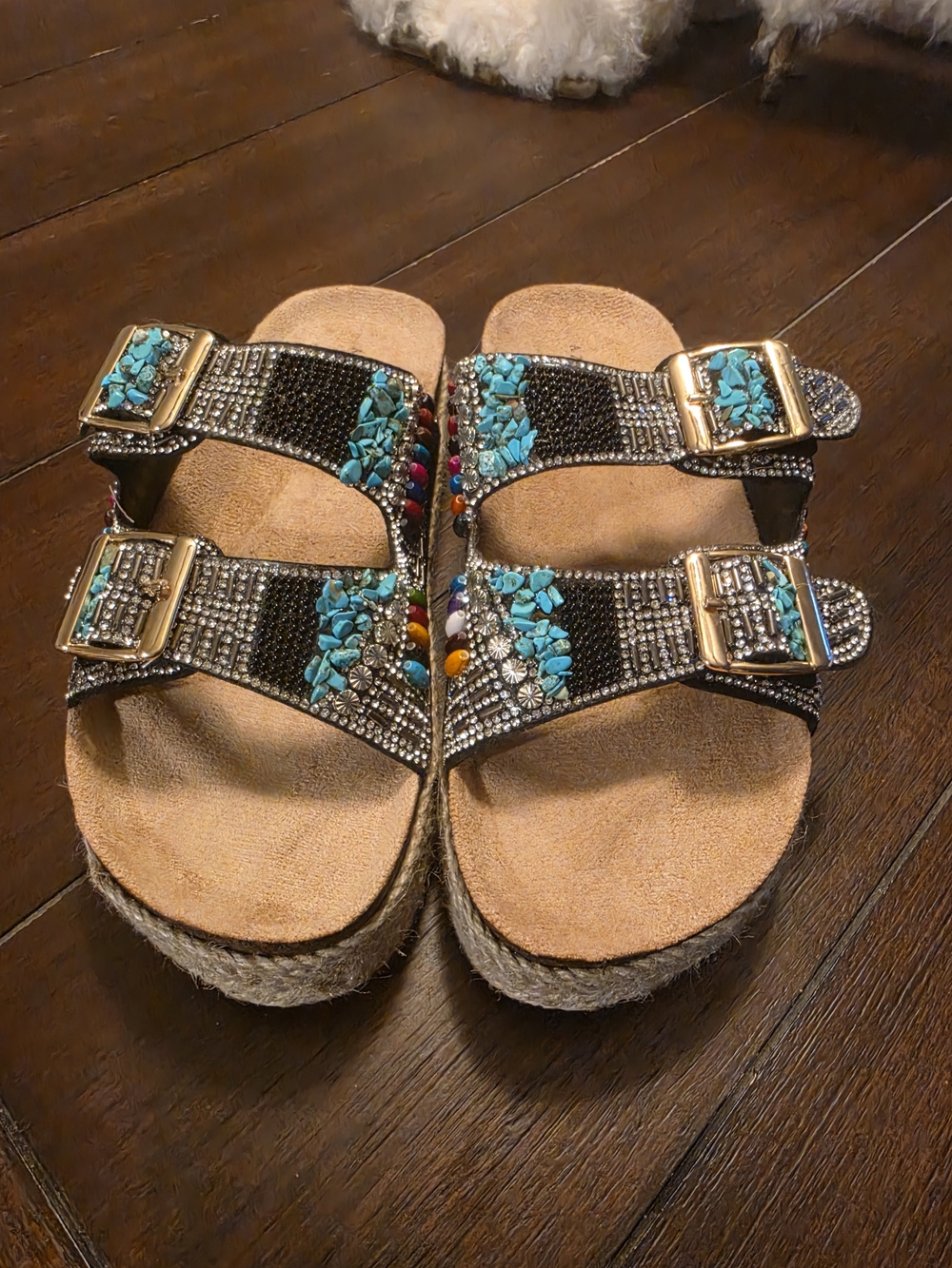 Beaded Turquoise Accent Black Slide Sandals with Gold Buckles Azalea Wang